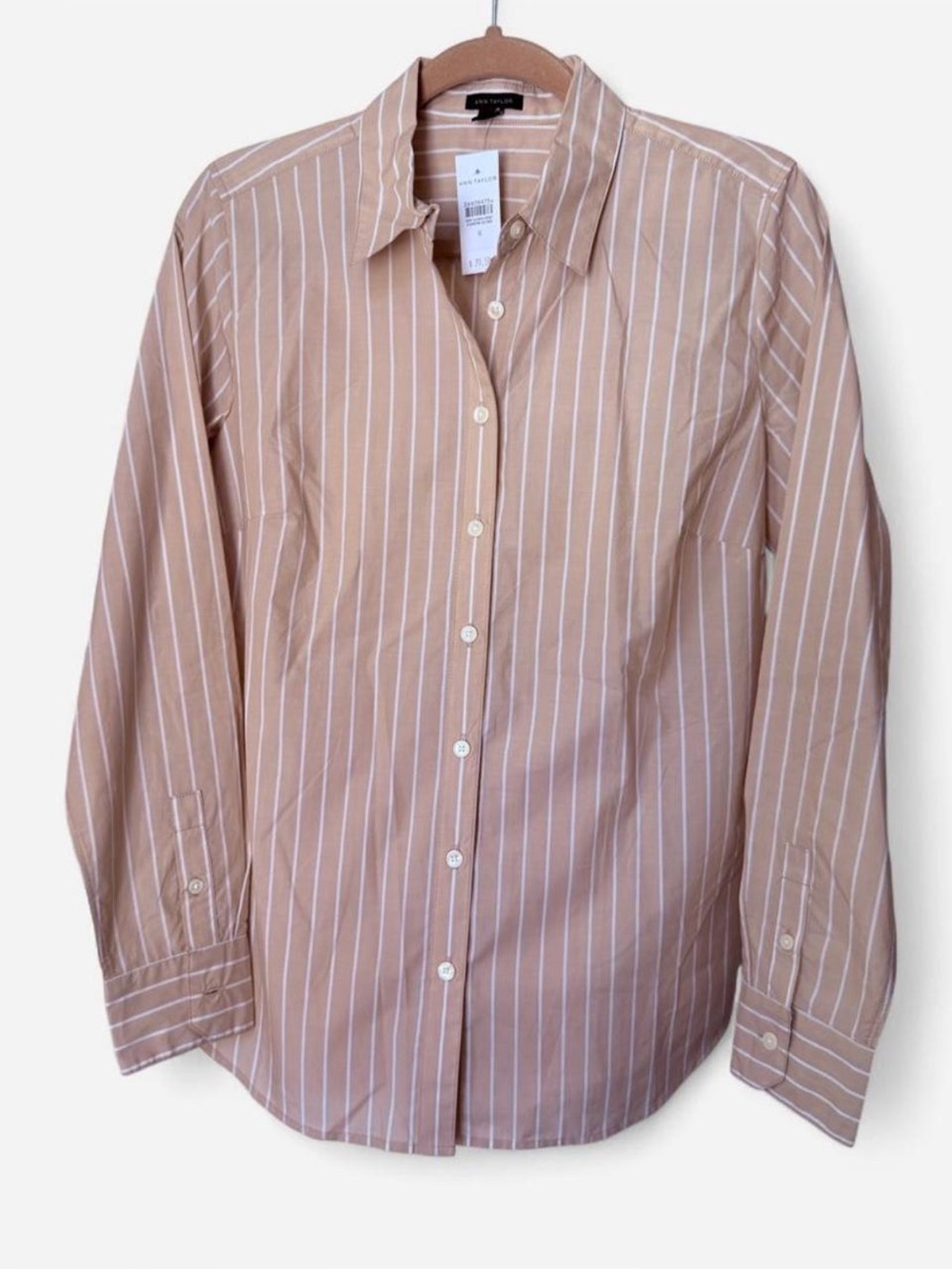 Ann Taylor Tan and White Striped Button-Up Shirt